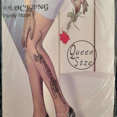 MUSIC LEGS Flocking Panty Hose QUEEN SIZE Tiger Pattern on side Black NEW