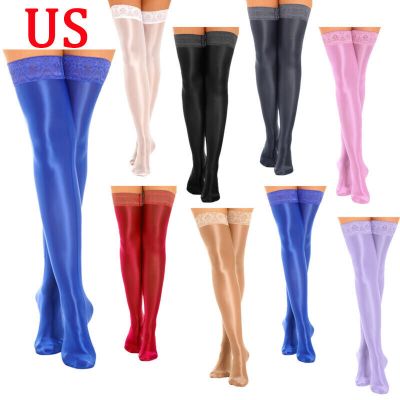 US Women Shiny Thigh High Stockings Lace Sheer Footed Tights Stay-Up Pantyhose