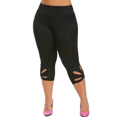Plus Size Womens High Waist Leggings Hollow Sport Crop Pants Plain 3/4 Trousers