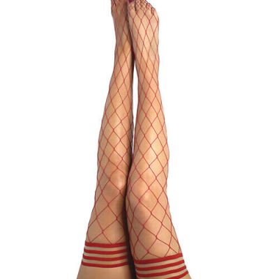 KIX'IES CLAUDIA LARGE NET RED FISHNET THIGH HIGH STAY UP STOCKINGS SIZES A-D