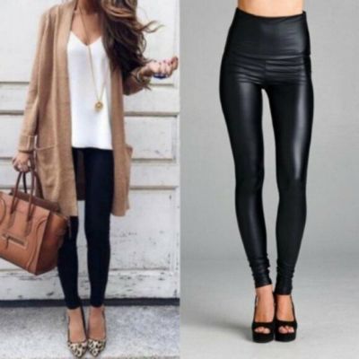 NEW Boutique Black Shiny Faux Leather High Waist Leggings Size Large L Trendy