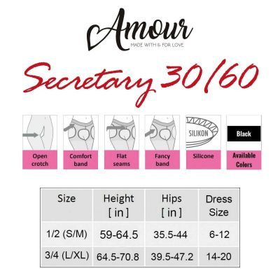 Amour Secretary 30/60D Mock Stocking Crotchless Fashion Tights - Reg & Plus Size