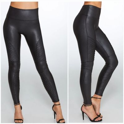 Spanx Black Moto Faux Leather Leggings Women's Size Large Pull On High Waist