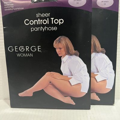 2 New George Woman Sheer Control Top Sz. 3X Off Black Pantyhose NIP
