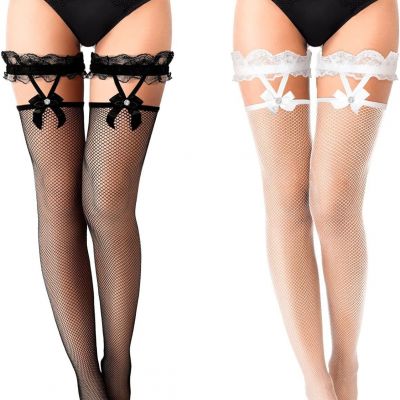 2 Pairs Lace Top Fishnet Stockings Bow Suspenders Thigh High Stockings Mesh Hold