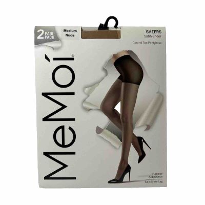2 Pairs MeMoi Sheers Satin Sheer Control Top Pantyhose Nude Size Medium - 2 Pack