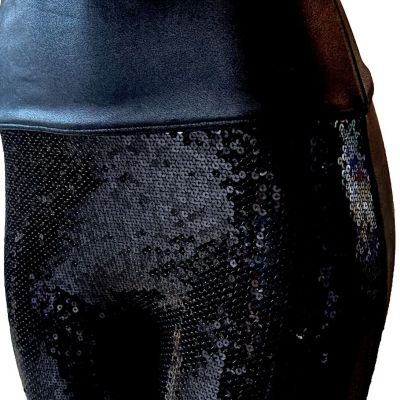 Shimmery SPANX Faux Leather SEQUIN Sparkly LEGGINGS-#20189R-BLACK-Size SMALL