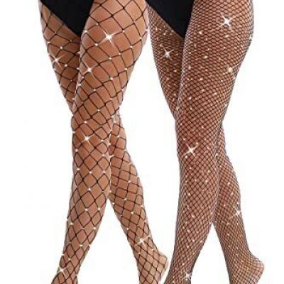 VEBZIN 2 Pack Sparkly Large And Medium Mesh Black Fishnet Tights For Women Ou...