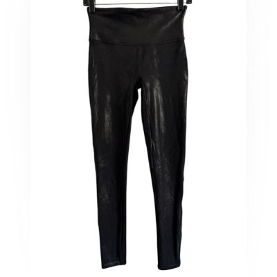 SPANX Black Faux Leather Leggings Shapewear Shiny Stretch Pull on Size Medium