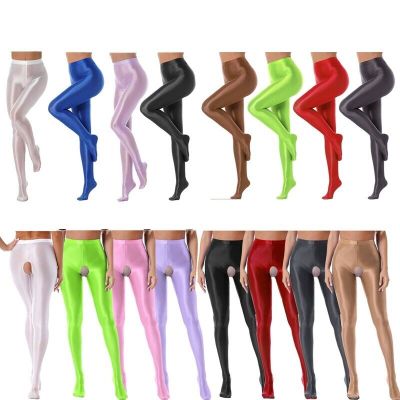 Women Oil Shiny Pantyhose High Waisted Footed Tights Yoga Sports Training Pants