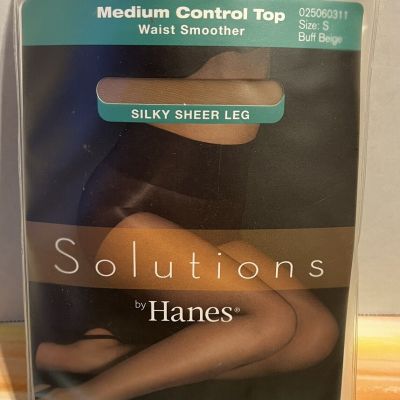 Solutions by Hanes pantyhose size S control top silky sheer leg Buff Beige