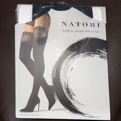 Natori  Feather Lace Top Opaque Thigh High Black Stocking M/ L
