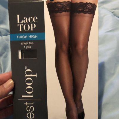 West Loop Thigh High Lace Top Silky Leg Sheer Toe S/M Jet Black New