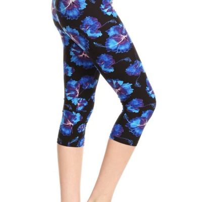 Yoga Style Banded Lined Floral Printed Knit Capri Legging With High Waist