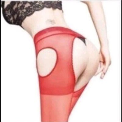 ????NEW Womens Red Open Crotch Tights Pantyhose Sheer Stockings Hosiery~Size OS