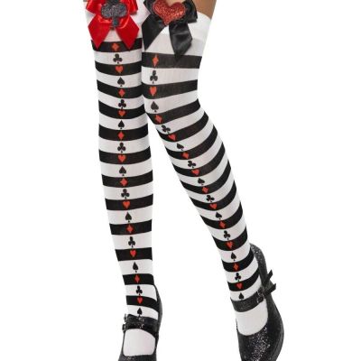 Sexy Opaque Black & White Striped Thigh-High Stockings w Bow & Card Motifs