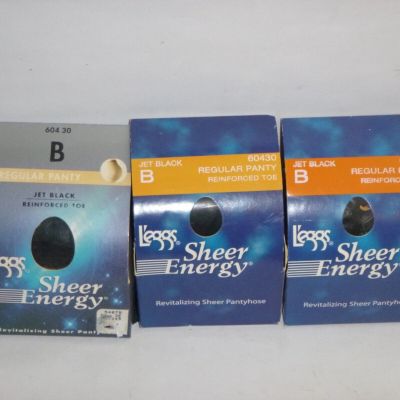 (3 Pairs)  Leggs Sheer Energy Jet Black Reinforced Toe Pantyhose - 60403