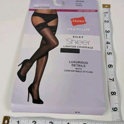 Womens Hanes Silky Sheer Lace Thigh High Black Size Medium Light Coverage
