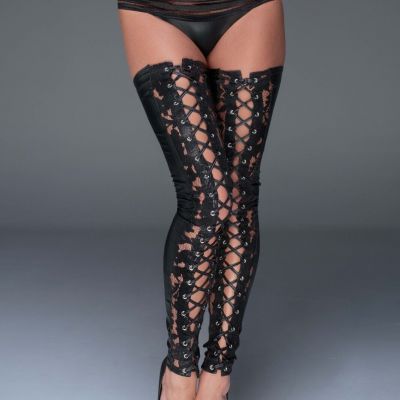 Noir Handmade Sexy Lace and Power Wetlook Stockings Thigh High Adjustable Lacing