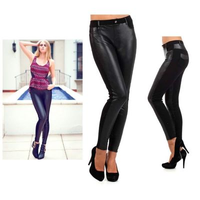 Womens Leggings Faux Leather Shiny Liquid Wet Look Sexy Stretch Party Dance M/L