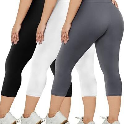 3 Pack Plus Size Leggings for Women - 3X-Large Plus Capri Black/ Grey/ White