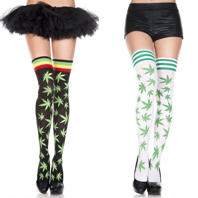 Sexy Knee High Striped Stockings 420 Green Pot Leaf Weed Print Rastafarian Thigh