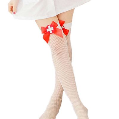 Nurse Costume White Fishnet Stockings Women OS Medic Red Cross Patch Thigh Highs
