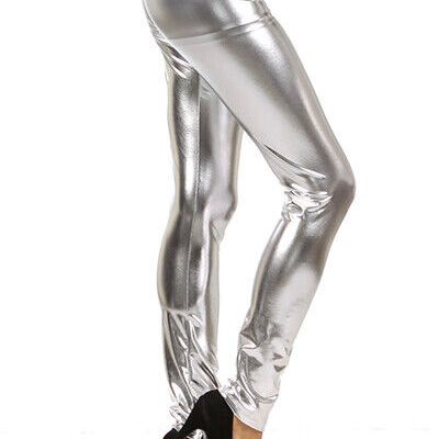 Women's Stretchy Silver Wet Look Club Liquid Metallic Tight Leggings Pants S M L