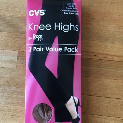 CVS Knee Highs by Leggs Sheer Toe Nude One Size 3 Pair
