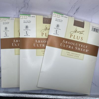 3 Hanes Plus Absolutely Ultra Sheer BARELY THERE Sz ONE PLUS Pantyhose Nylons