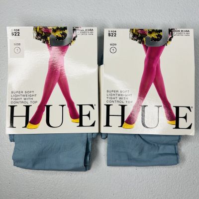 HUE Dusty Blue Super Soft Lightweight Control Top Tights Womens 2 Pair Size 1
