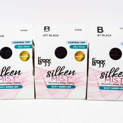 3 L'eggs Silken Mist Control Top Silky Sheer Run Resistant Tights JET BLACK Sz B