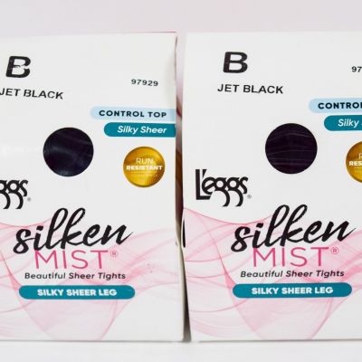 2 L'eggs Silken Mist Control Top Silky Sheer Run Resistant Tights JET BLACK Sz B