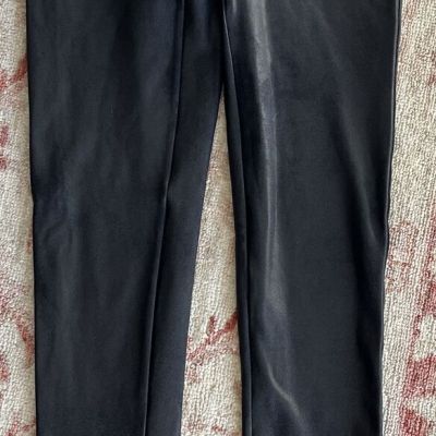 EUC Spanx Womens Faux Leather Leggings Size Medium Black Shimmery Shiny Stretch