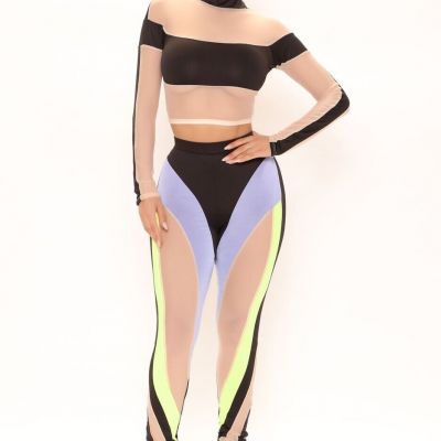Fashion Nova Women's Hot Commodity Mesh Leggings Set- Black/Neon combo SZ-L