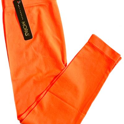 MOPAS Leggings Womens Neon Orange Ribbed Waistband Capri Length Workout Yoga