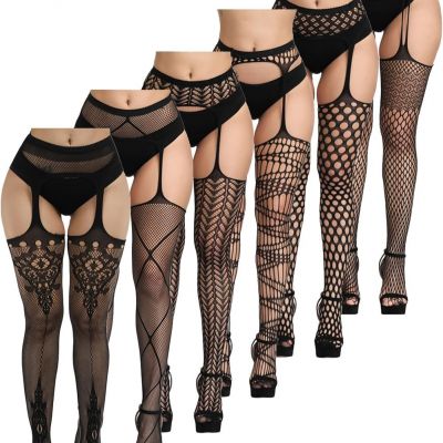 8 Pairs Womens Fishnet Stockings High Waist Patterned Tights, Suspenders Pantyho