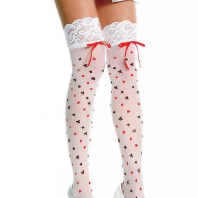 sexy MUSIC LEGS opaque VEGAS poker CARD suit PRINT lace TOP thigh HIGH stockings