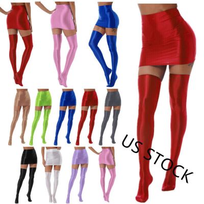 Womens Skirt with Stockings Sexy Outfits Shiny Rave Clubwear Pantyhose Lingerie