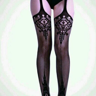 Sexy Ladies Lace Top Thigh-Highs Stockings with Garter Belt Pantyhose-Black