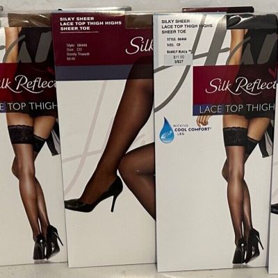 5 Hanes Silk Reflections SILKY SHEER OA444 CD Lace Top Thigh Highs