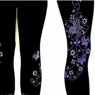 Plus Size Capri Leggings Embellished Rhinestone Purple Butterfly Floral Design