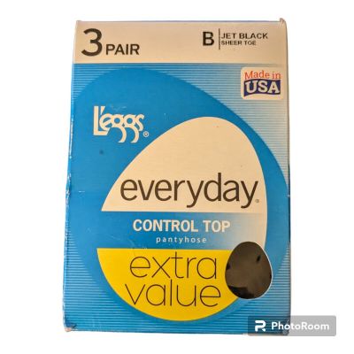 L'EGGS 3 Pair Size B Control Top JET BLACK Sheer Toe Pantyhose NEW 14786