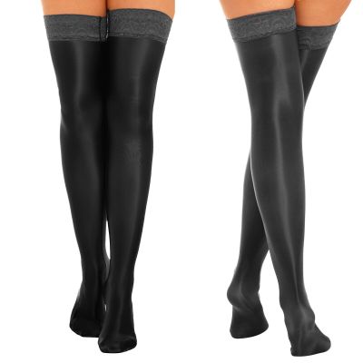 US Women Lace Trim Shiny Thigh High Stockings Glossy Compression Long Socks
