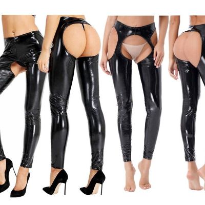 US Women's Patent Leather Wet Look Hollow Out Leggings Pants High Waist Trousers