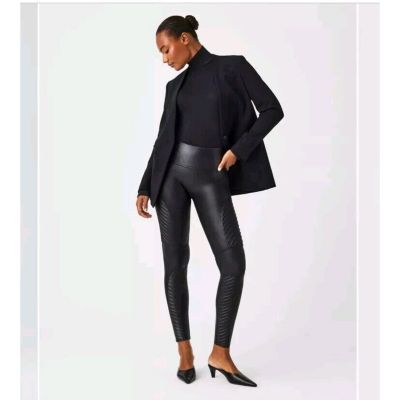 Spanx Faux Leather Black Moto Leggings Edgy Ribbed Accents Size Medium Petite
