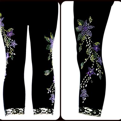 Plus One Size Capri Leggings Embellished Lavender Floral Silver Stud Design