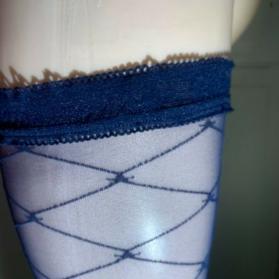 6 pr Thigh High Stockings -ONE SIZE- Navy Sheer Diamond, elastic band-Samples