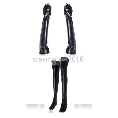 Sexy Gloves Feet Set Wet Look Lace Long Stockings PU Party Opera Women Costume