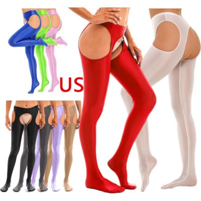 US Women's Glossy Cutout Pantyhose Oil Satin Tights Dance Compression Stockings
